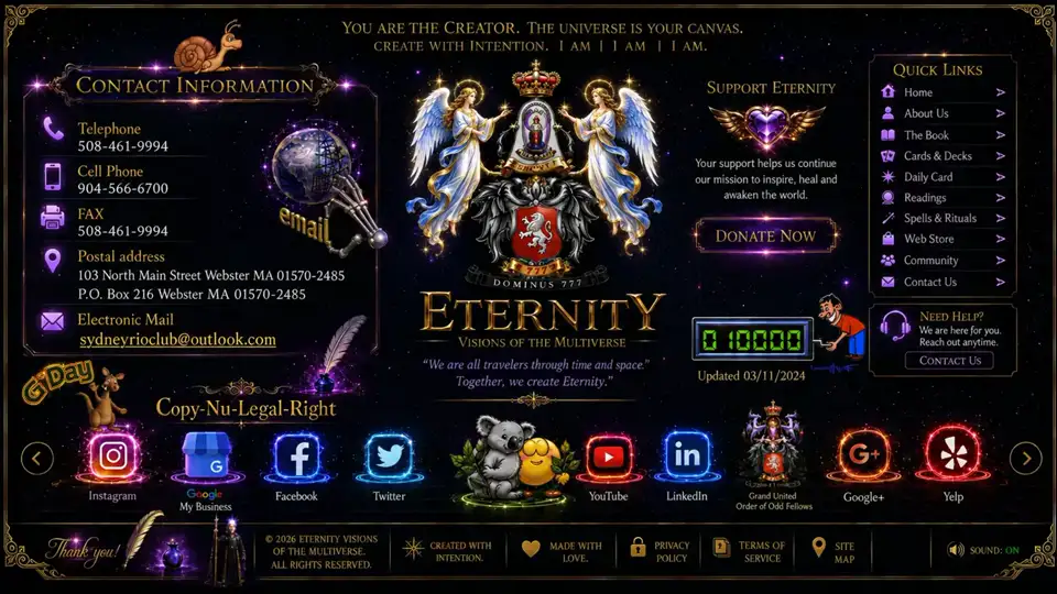 Eternity footer with two guardian angels, contact information and social icons