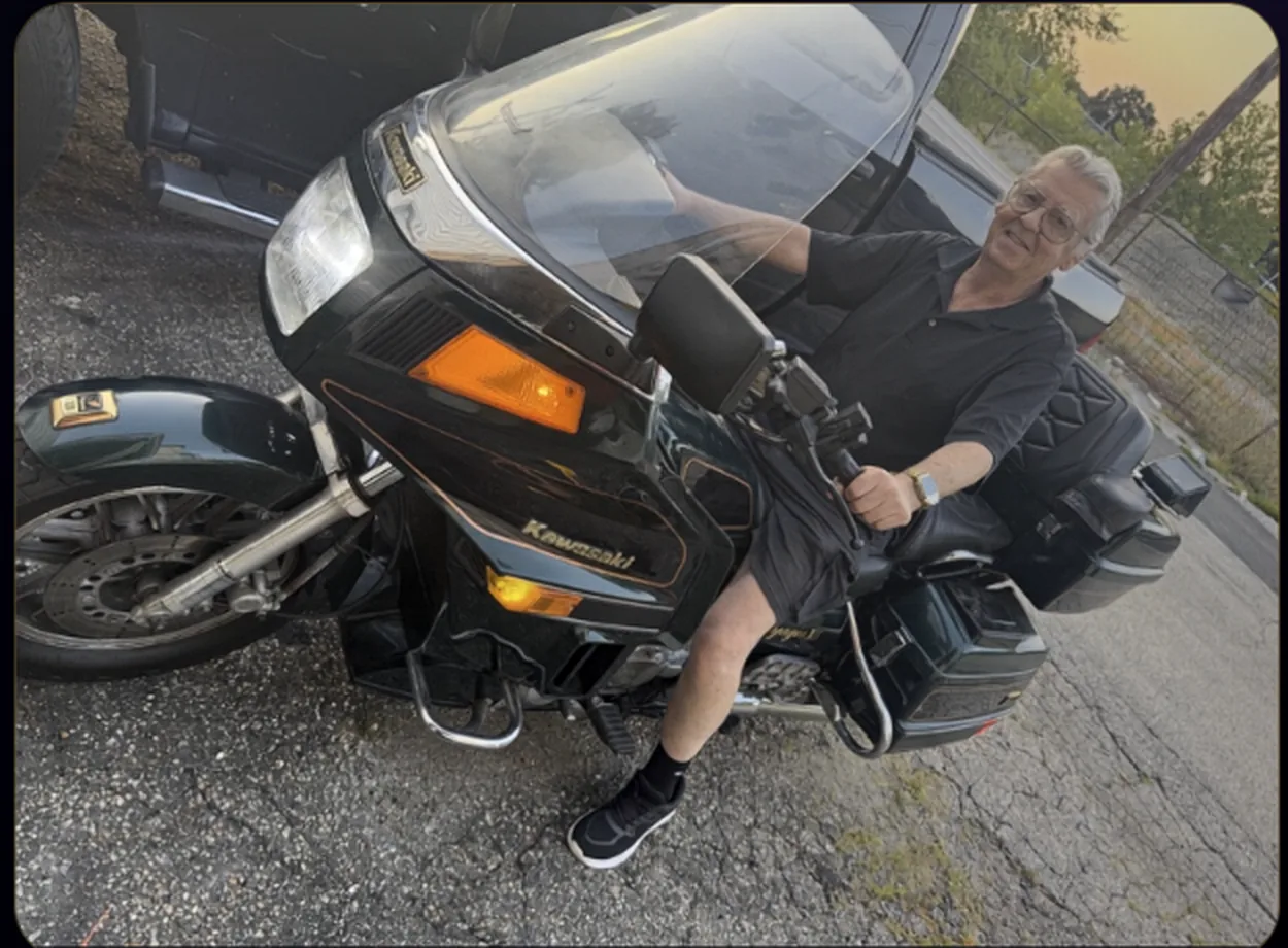 Bruce Conway on his Kawasaki motorcycle